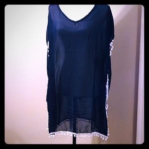 BNWOT navy blue sheer cover up with pom pom detail